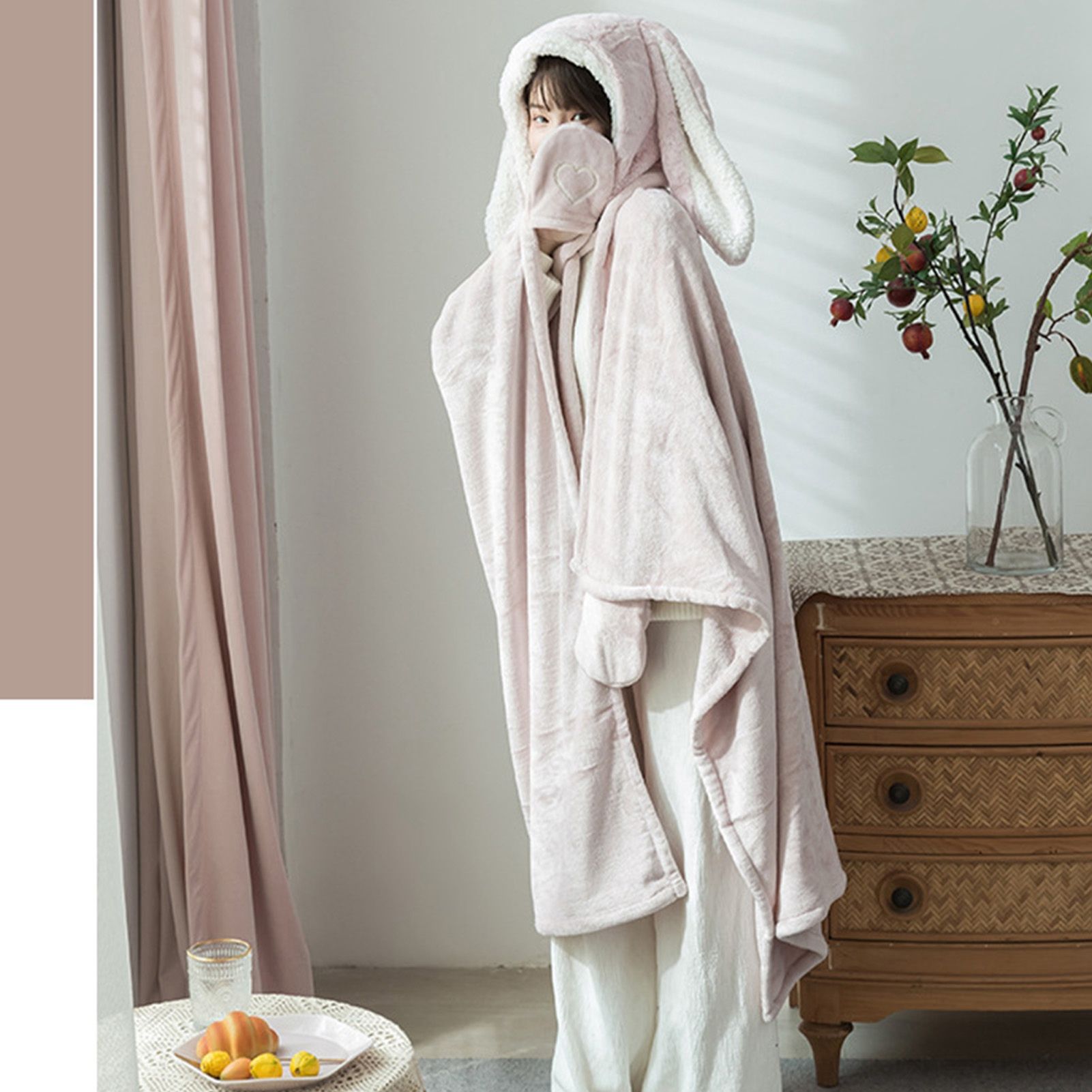 Hooded Blanket Wearable Polyester Plush Rabbit Ear Hooded Blanket Throw Soft view 5