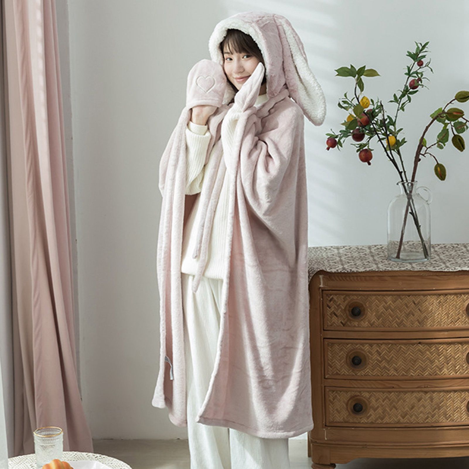 Hooded Blanket Wearable Polyester Plush Rabbit Ear Hooded Blanket Throw Soft view 13