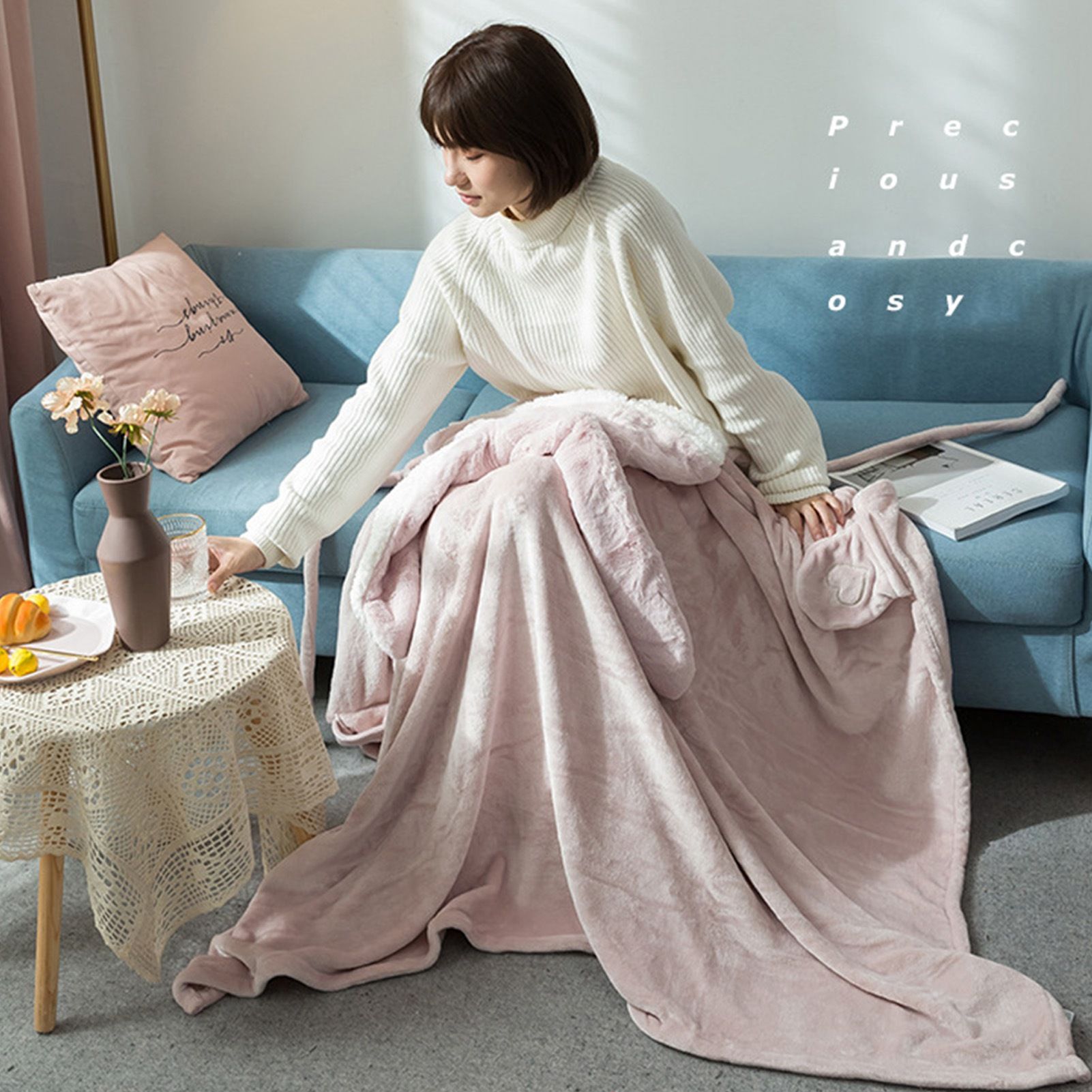 Hooded Blanket Wearable Polyester Plush Rabbit Ear Hooded Blanket Throw Soft view 14