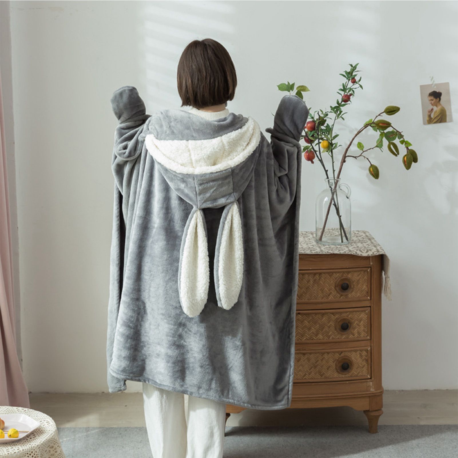 Hooded Blanket Wearable Polyester Plush Rabbit Ear Hooded Blanket Throw Soft view 5