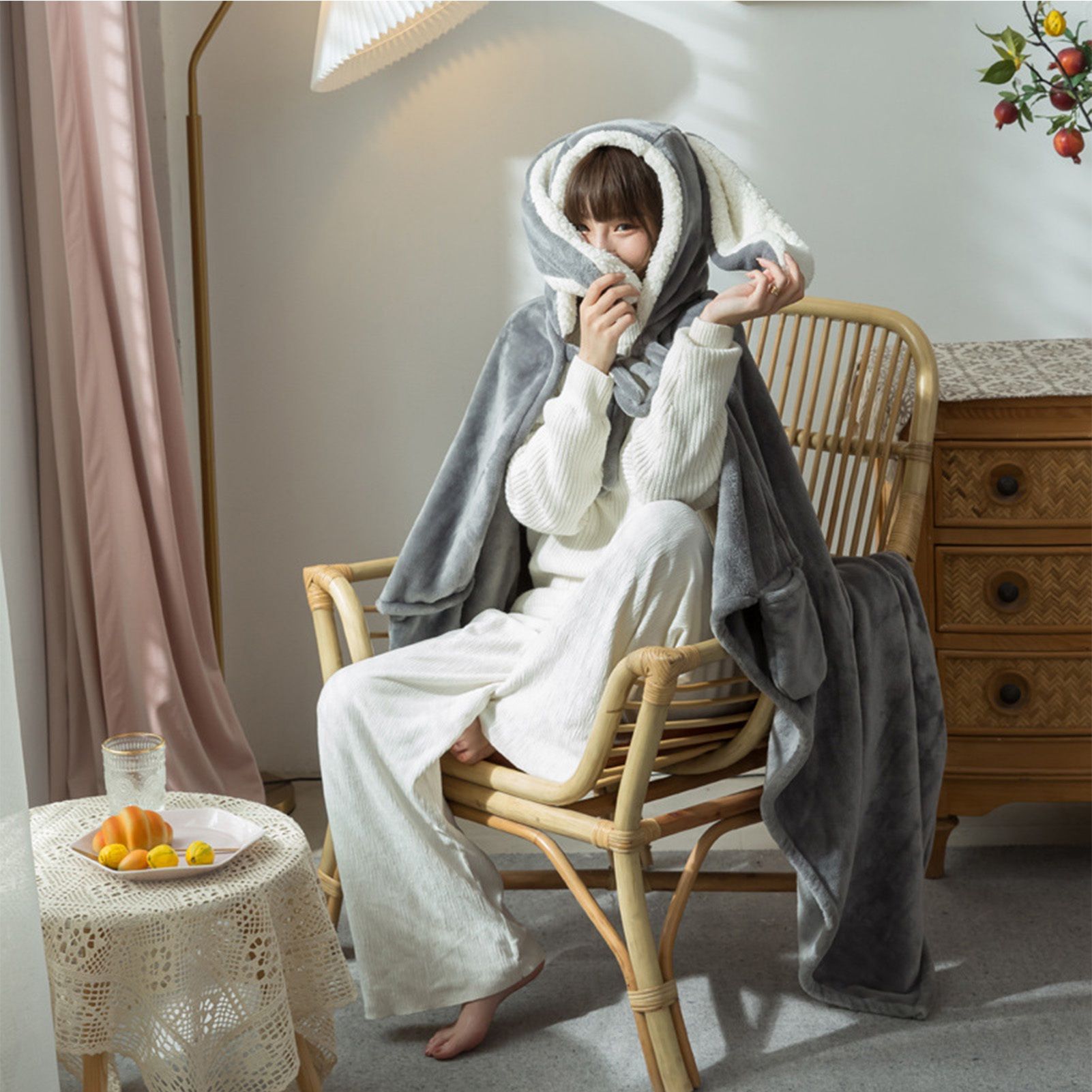 Hooded Blanket Wearable Polyester Plush Rabbit Ear Hooded Blanket Throw Soft view 6