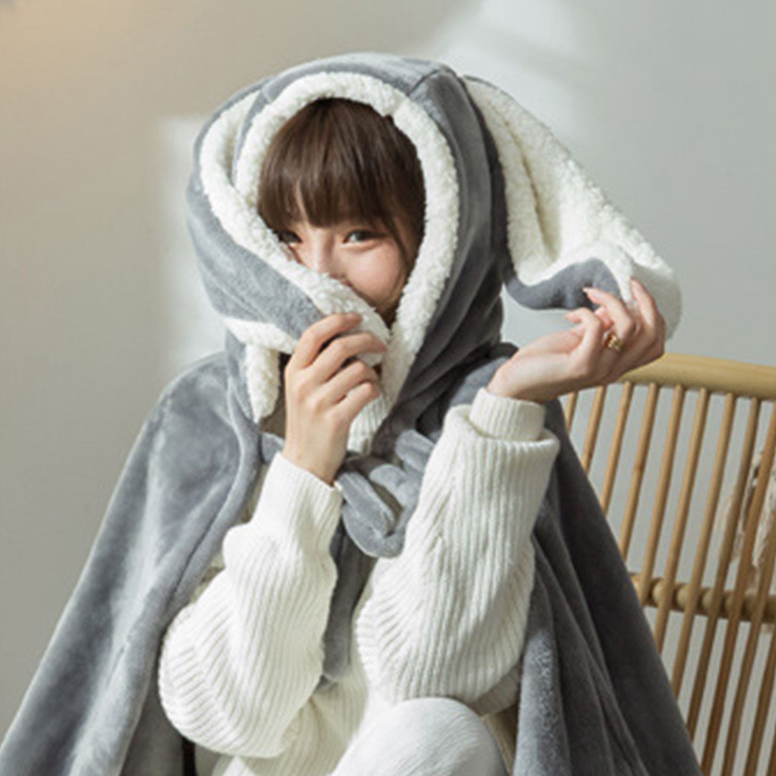Hooded Blanket Wearable Polyester Plush Rabbit Ear Hooded Blanket Throw Soft view 9