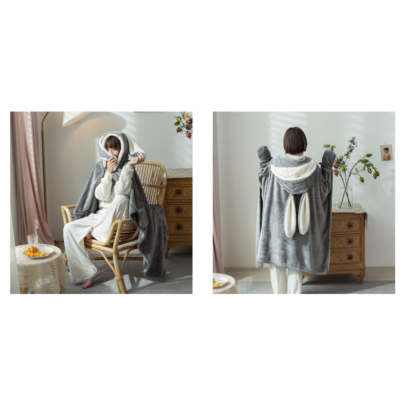 Hooded Blanket Wearable Polyester Plush Rabbit Ear Hooded Blanket Throw Soft view 10
