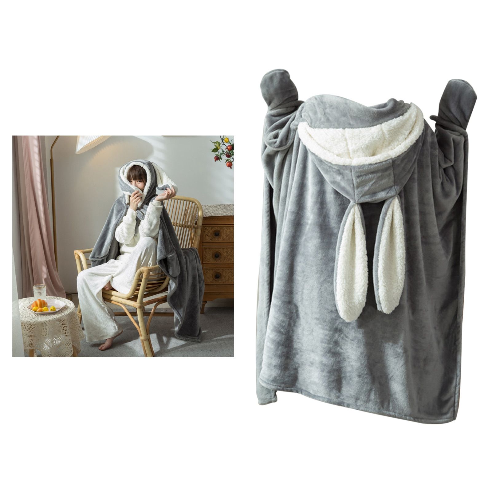Hooded Blanket Wearable Polyester Plush Rabbit Ear Hooded Blanket Throw Soft view 11