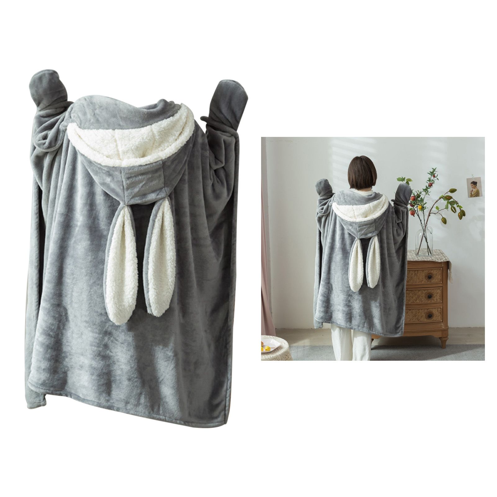 Hooded Blanket Wearable Polyester Plush Rabbit Ear Hooded Blanket Throw Soft view 12