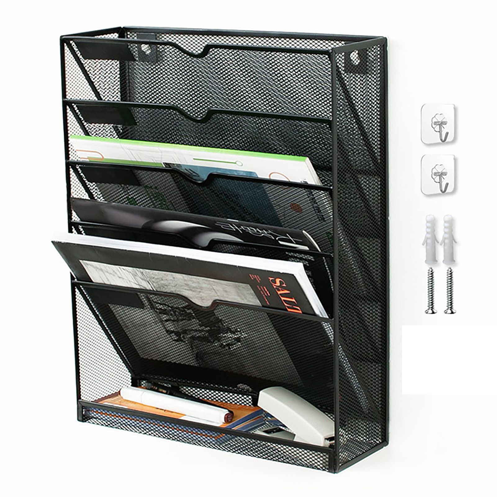 5 Tier Wall File Organizer Vertical Placement Glossy Edges Wall Mount File