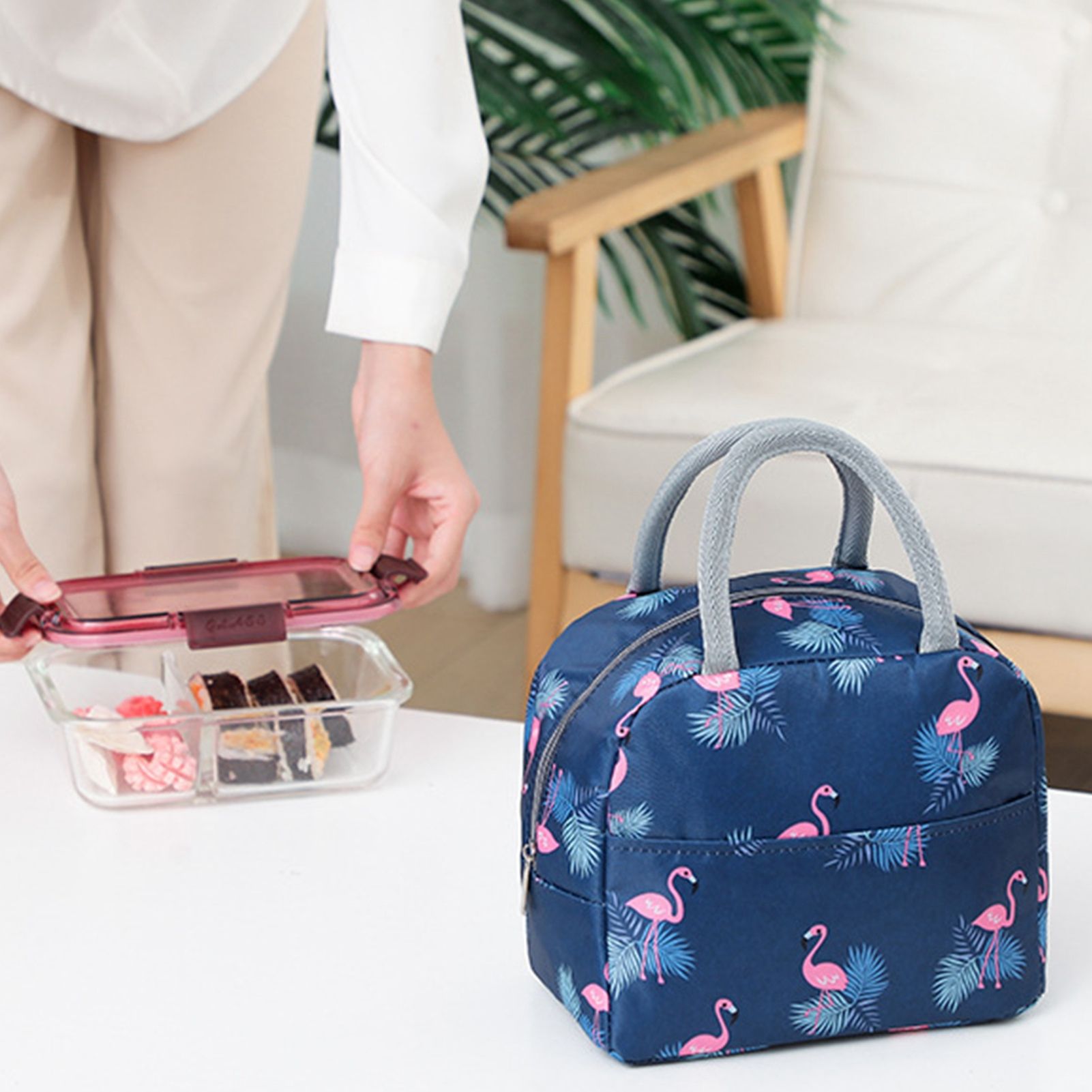 Insulated Lunch Bag Large Capacity Flamingo Pattern Portable Thickened Zipper view 6