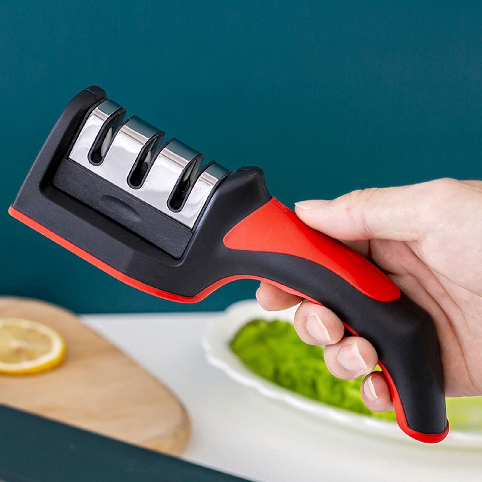 Handheld Knife Sharpening Tool 3 Segments Red and Black Multipurpose Knife view 5