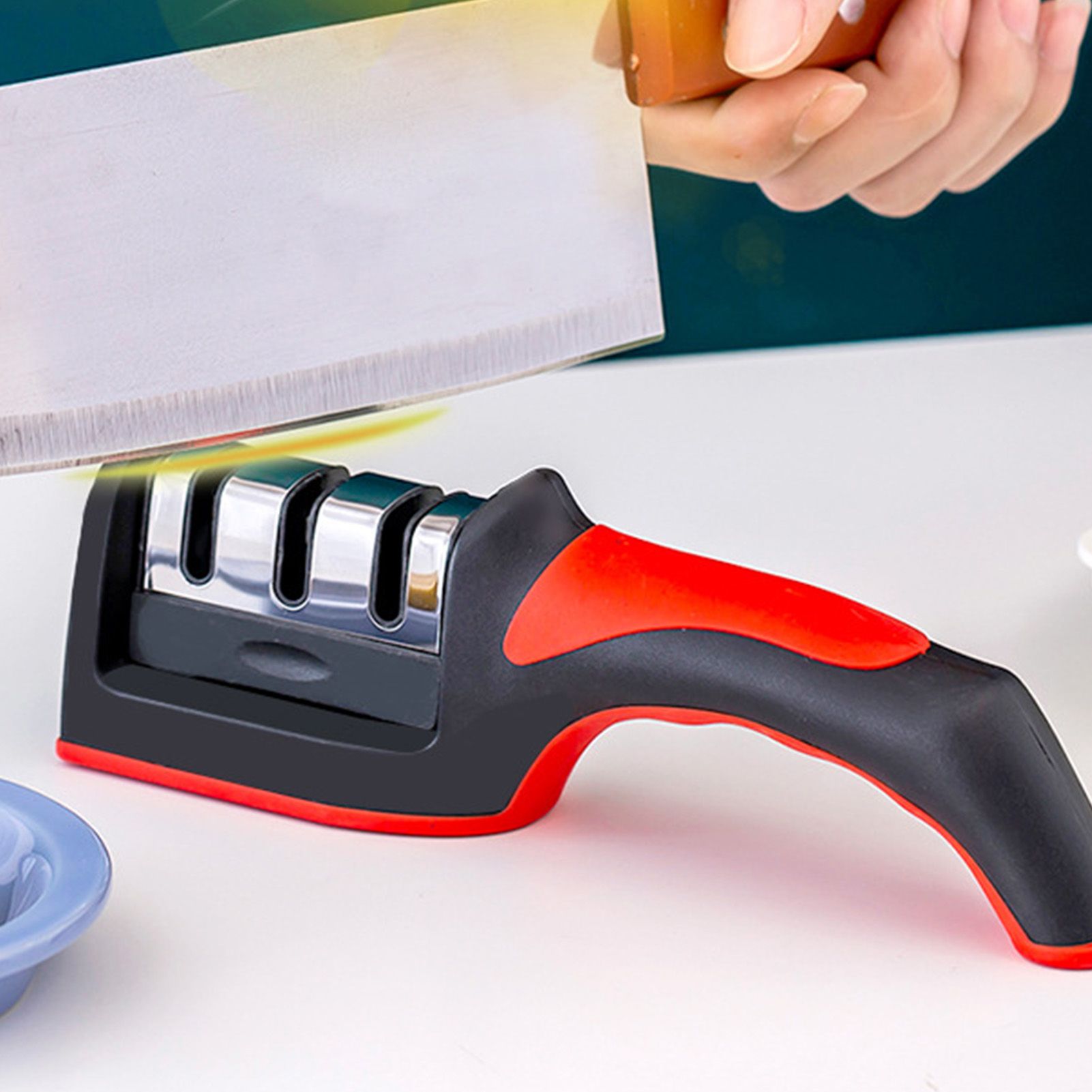 Handheld Knife Sharpening Tool 3 Segments Red and Black Multipurpose Knife view 6