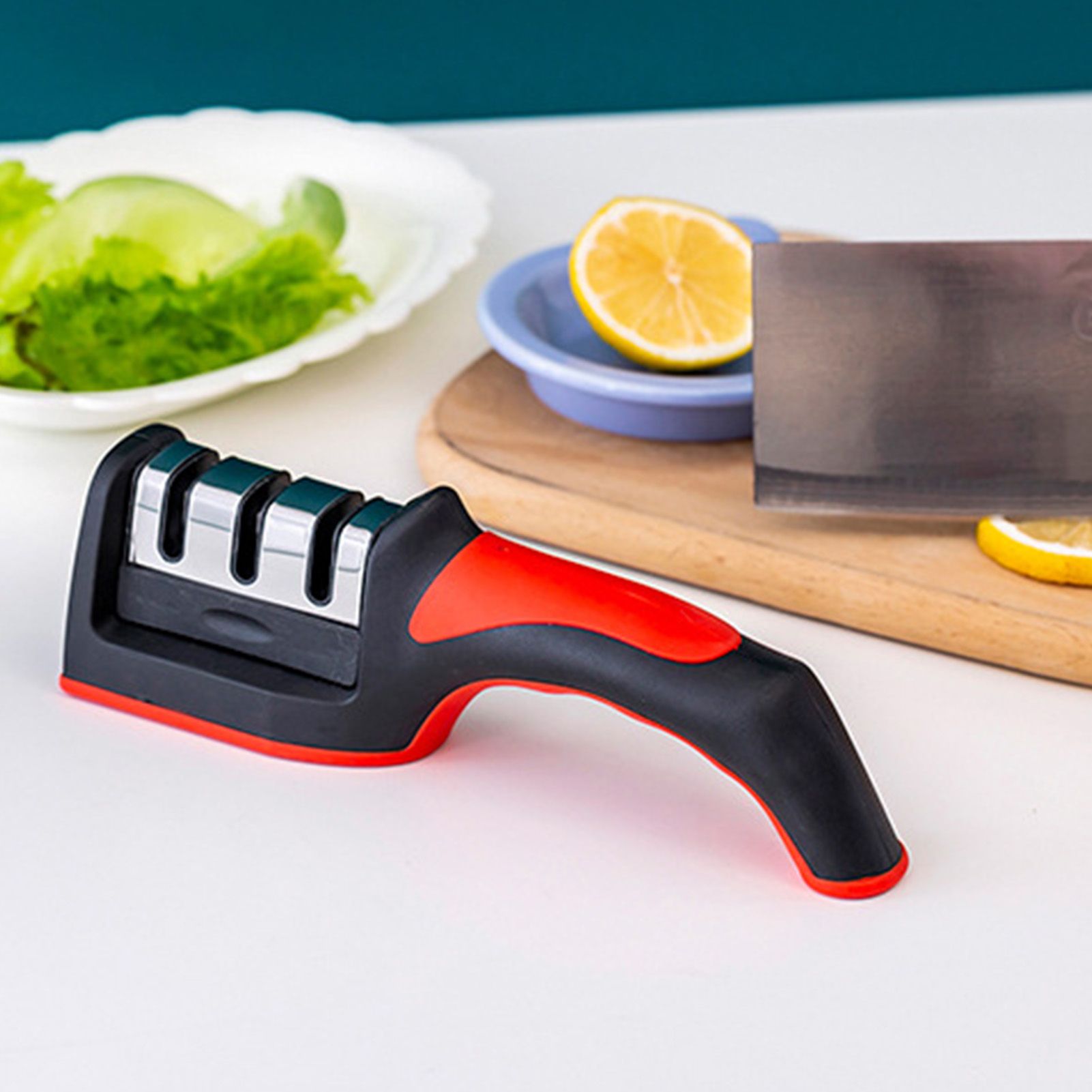 Handheld Knife Sharpening Tool 3 Segments Red and Black Multipurpose Knife view 11