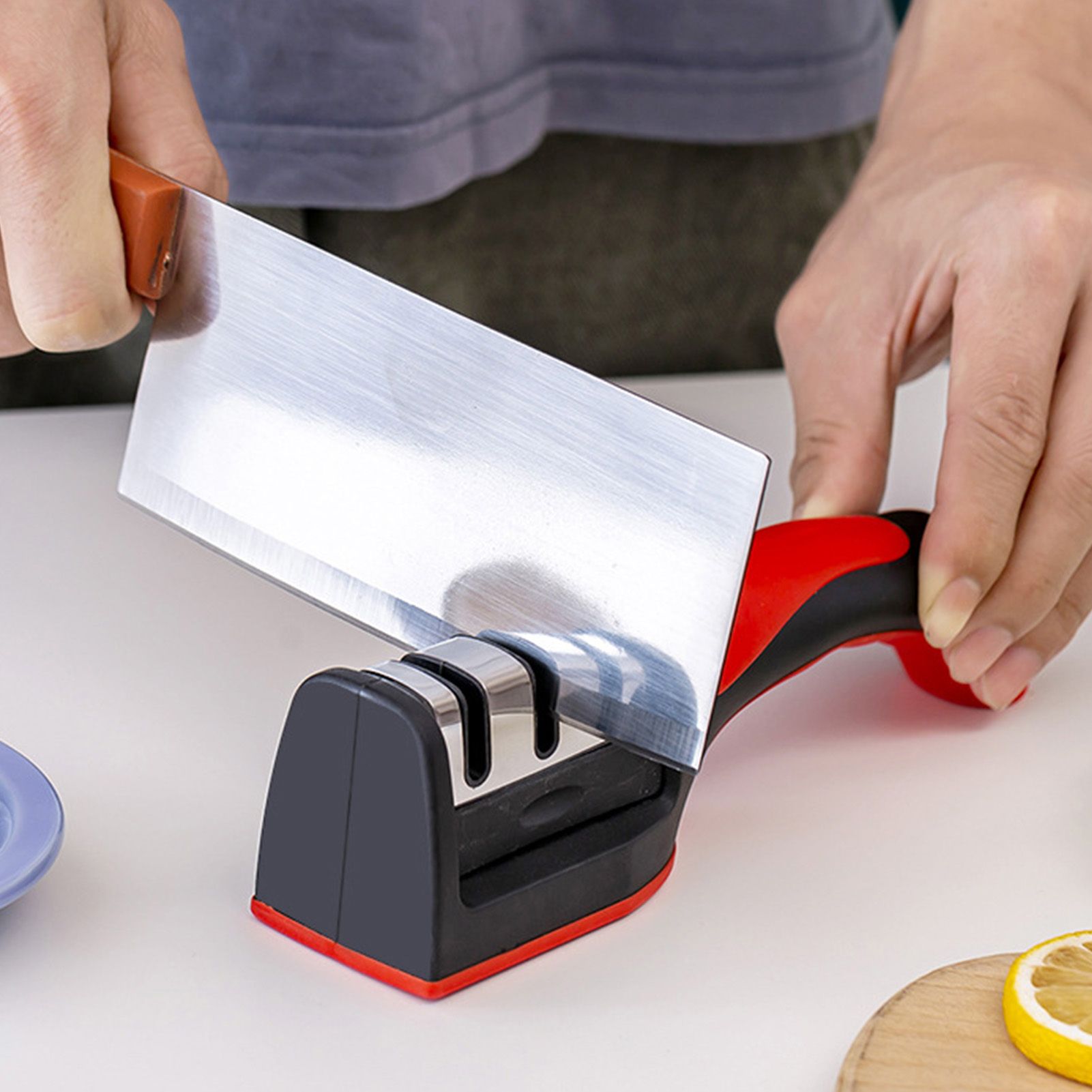 Handheld Knife Sharpening Tool 3 Segments Red and Black Multipurpose Knife view 12