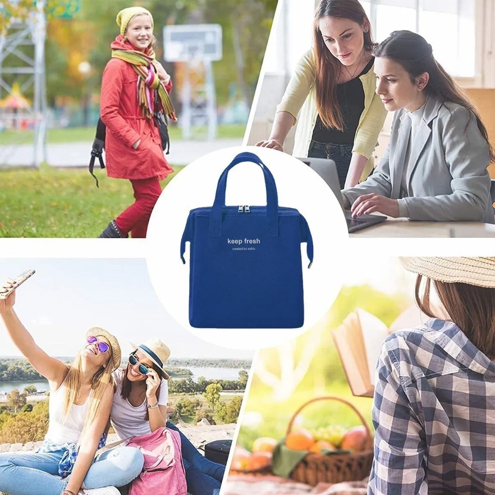 Insulated Lunch Bag Solid Color Oxford Cloth Waterproof Metal Zipper Portable view 6