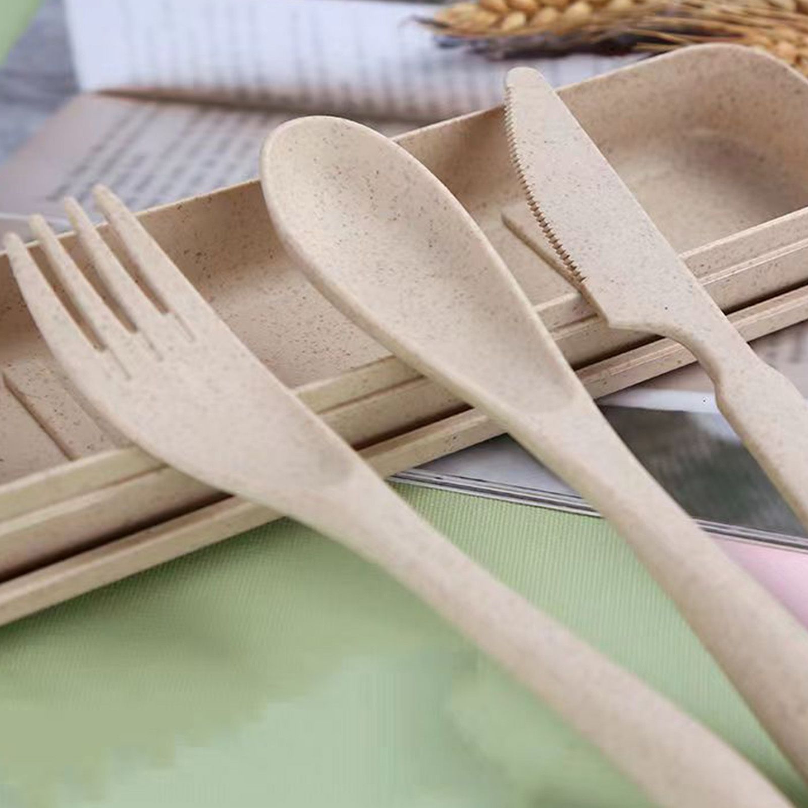 Wheat Straw Cutlery Set Modern Portable Fork Spoon Knife Tableware with Box view 5