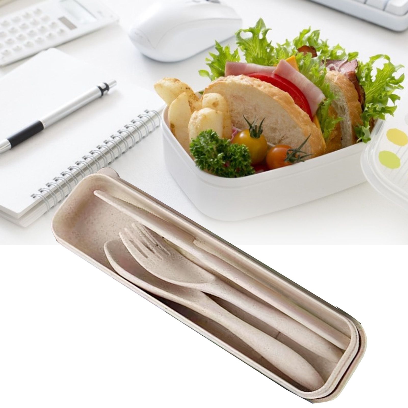 Wheat Straw Cutlery Set Modern Portable Fork Spoon Knife Tableware with Box view 10