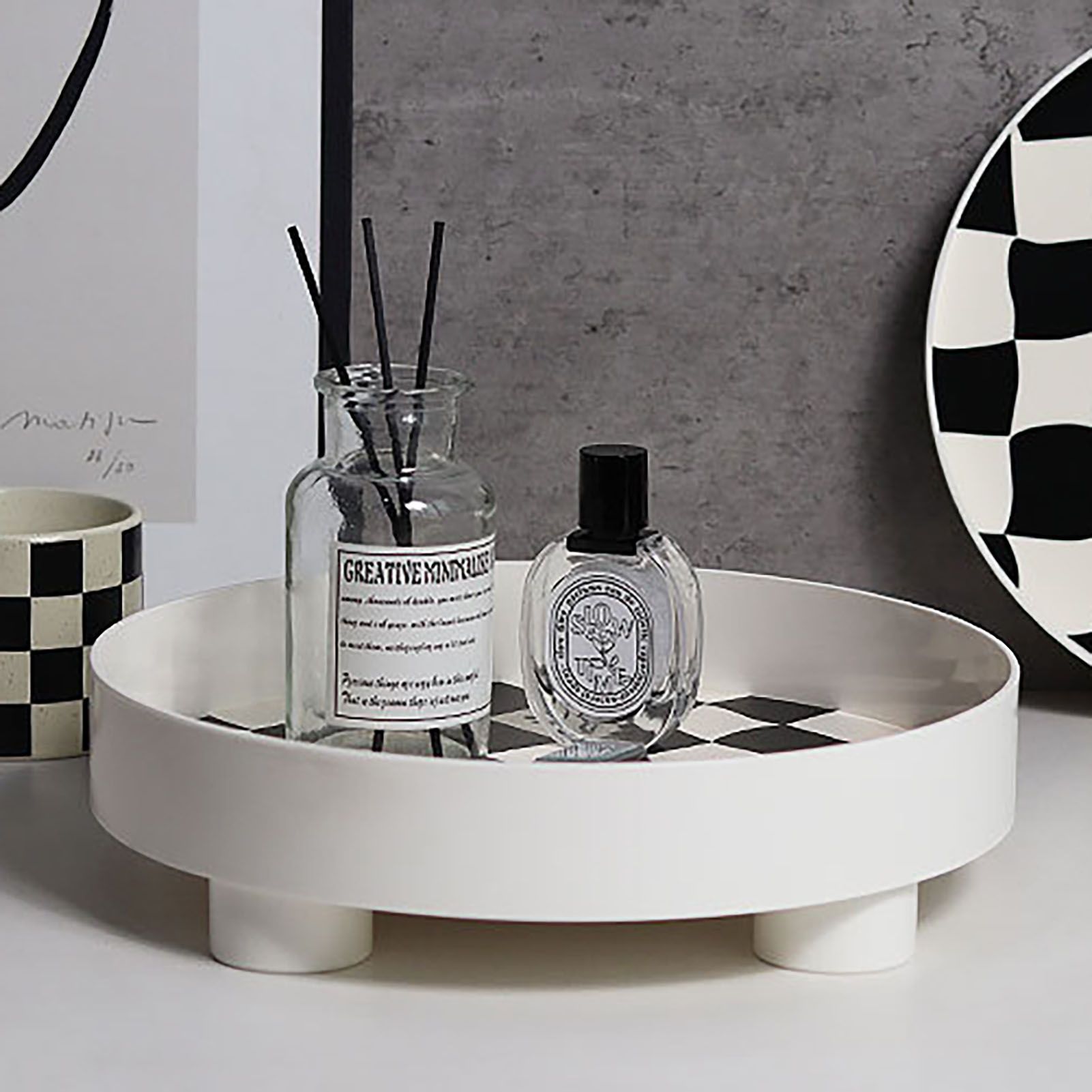 Round Storage Organizer Tray Checkerboard Design Plate Container Tray for view 5