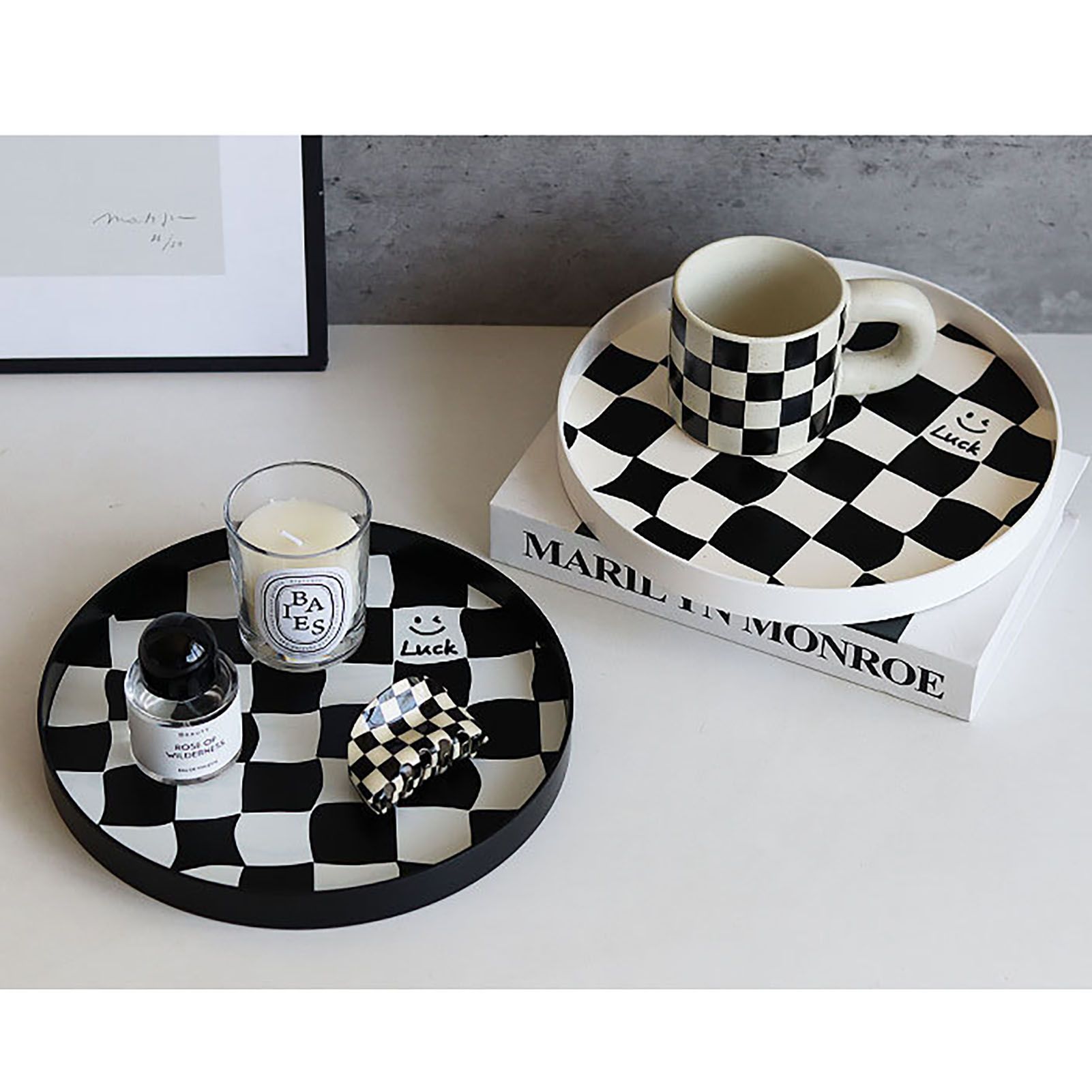 Round Storage Organizer Tray Checkerboard Design Plate Container Tray for view 9