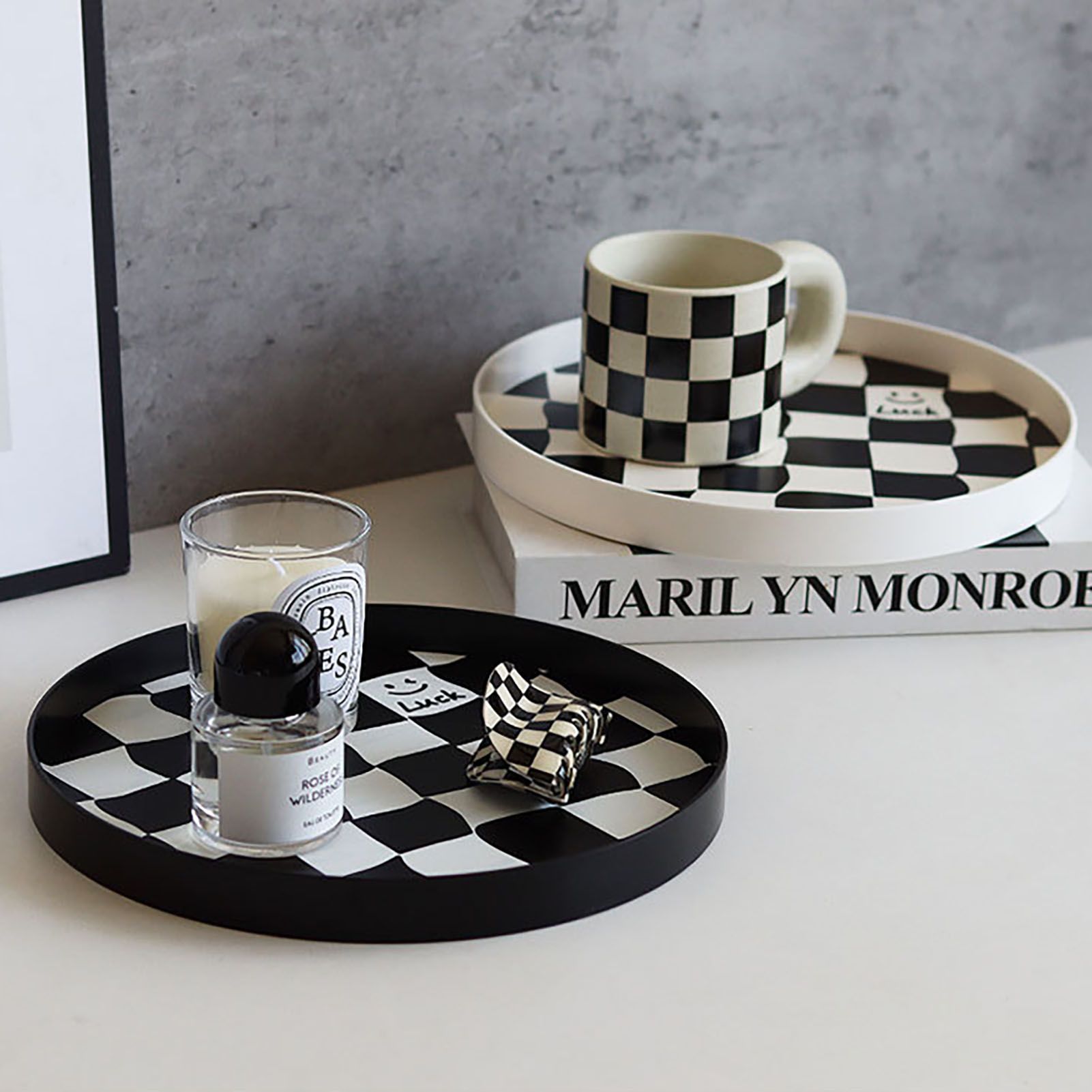 Round Storage Organizer Tray Checkerboard Design Plate Container Tray for view 10
