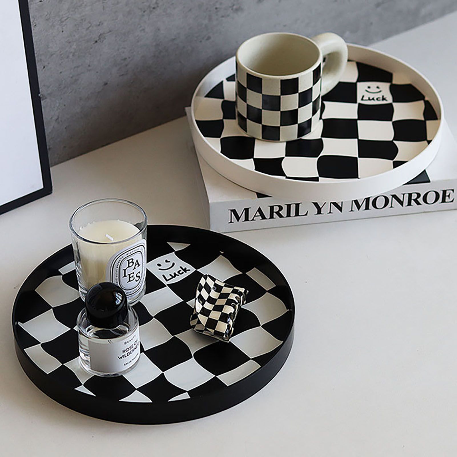 Round Storage Organizer Tray Checkerboard Design Plate Container Tray for view 11