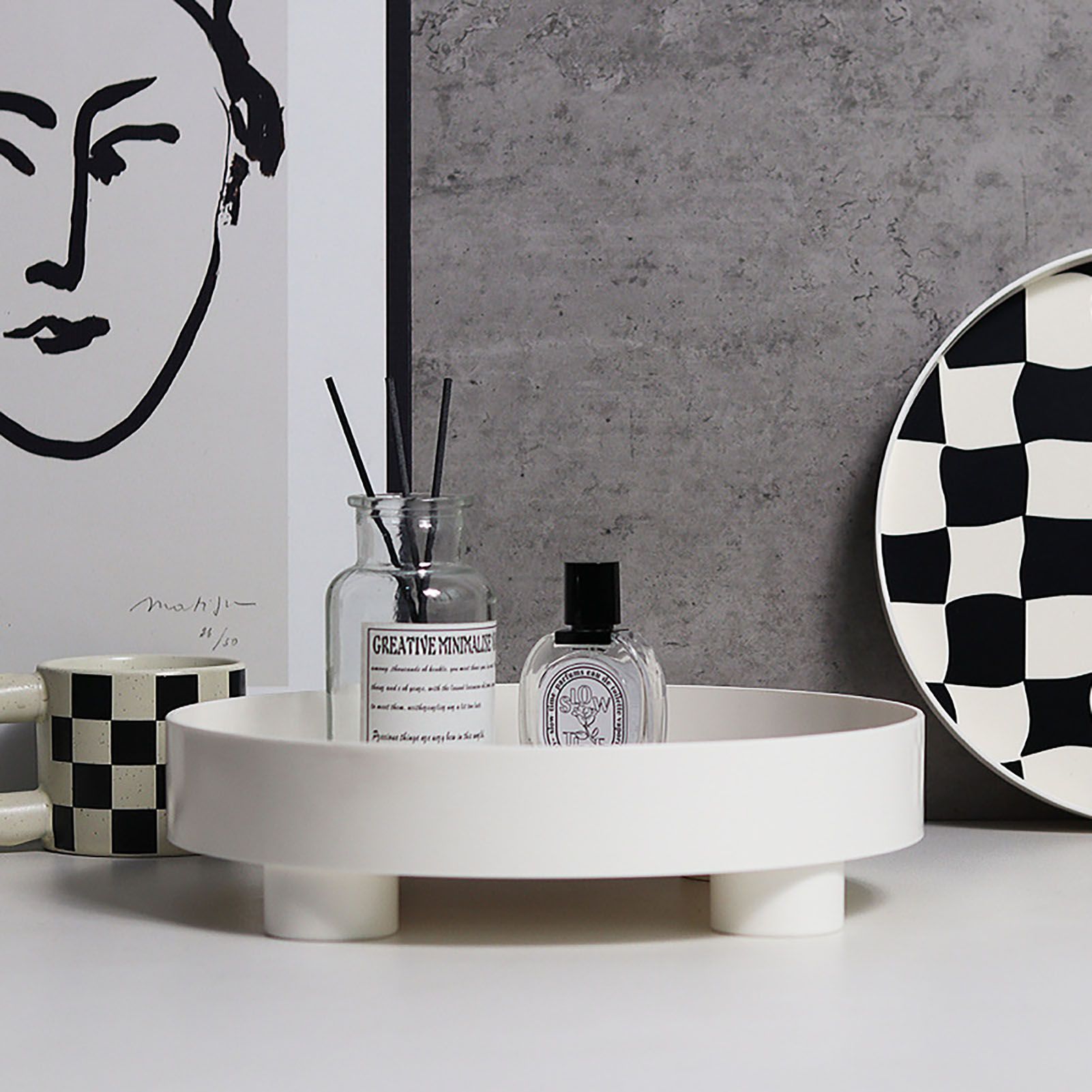 Round Storage Organizer Tray Checkerboard Design Plate Container Tray for view 15