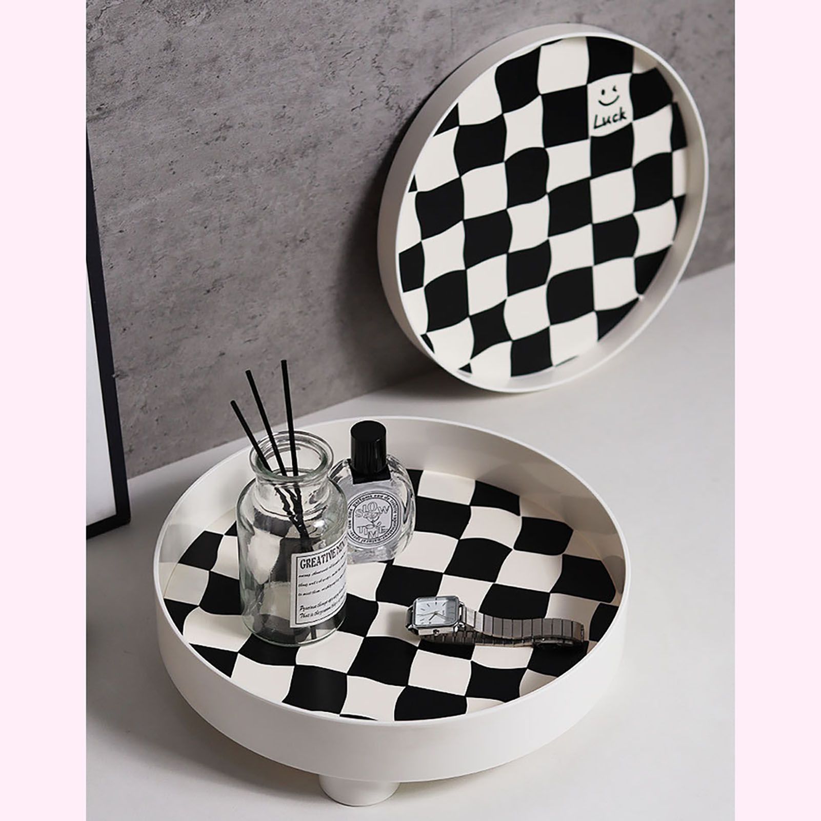 Round Storage Organizer Tray Checkerboard Design Plate Container Tray for view 7