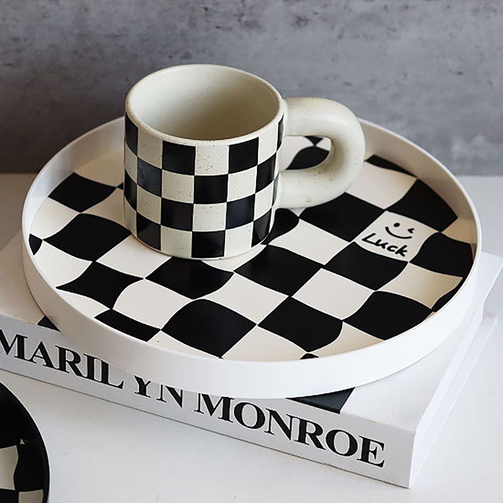 Round Storage Organizer Tray Checkerboard Design Plate Container Tray for view 12