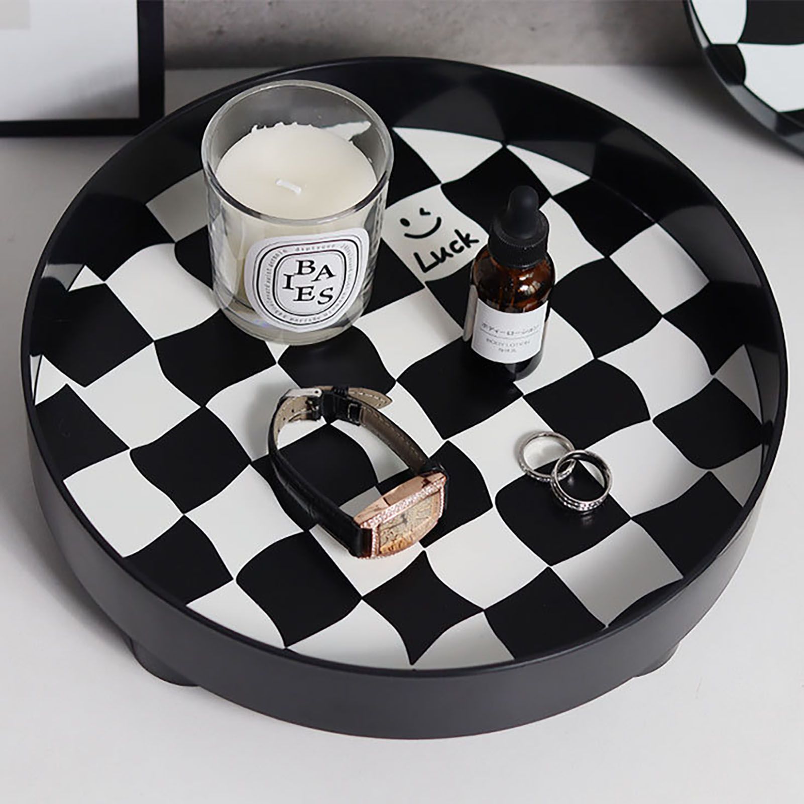 Round Storage Organizer Tray Checkerboard Design Plate Container Tray for view 7