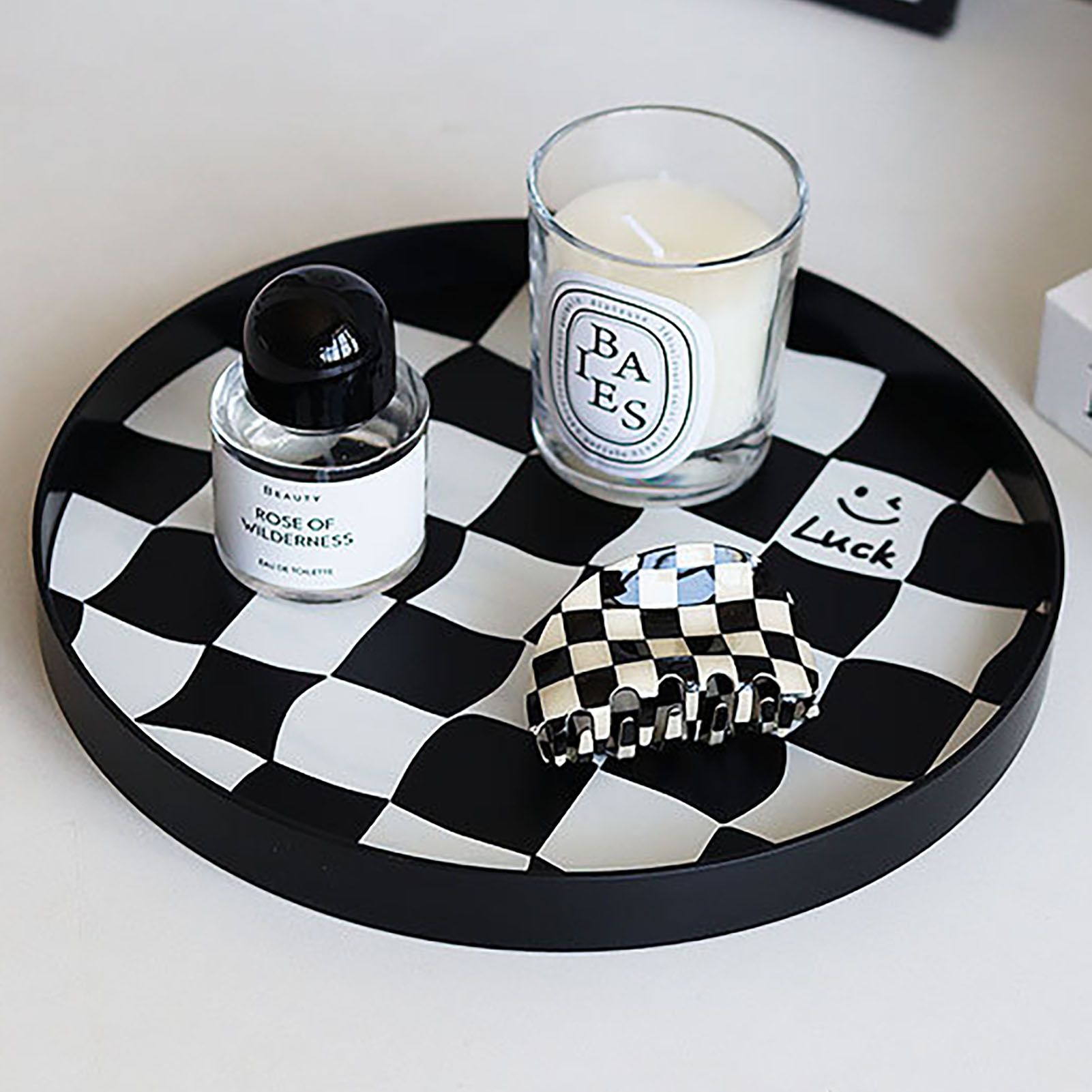 Round Storage Organizer Tray Checkerboard Design Plate Container Tray for view 9