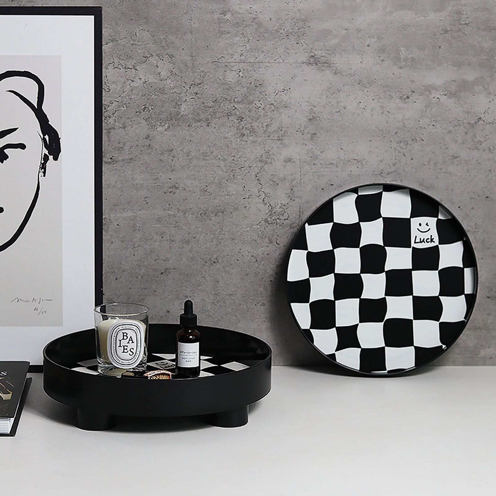 Round Storage Organizer Tray Checkerboard Design Plate Container Tray for view 10