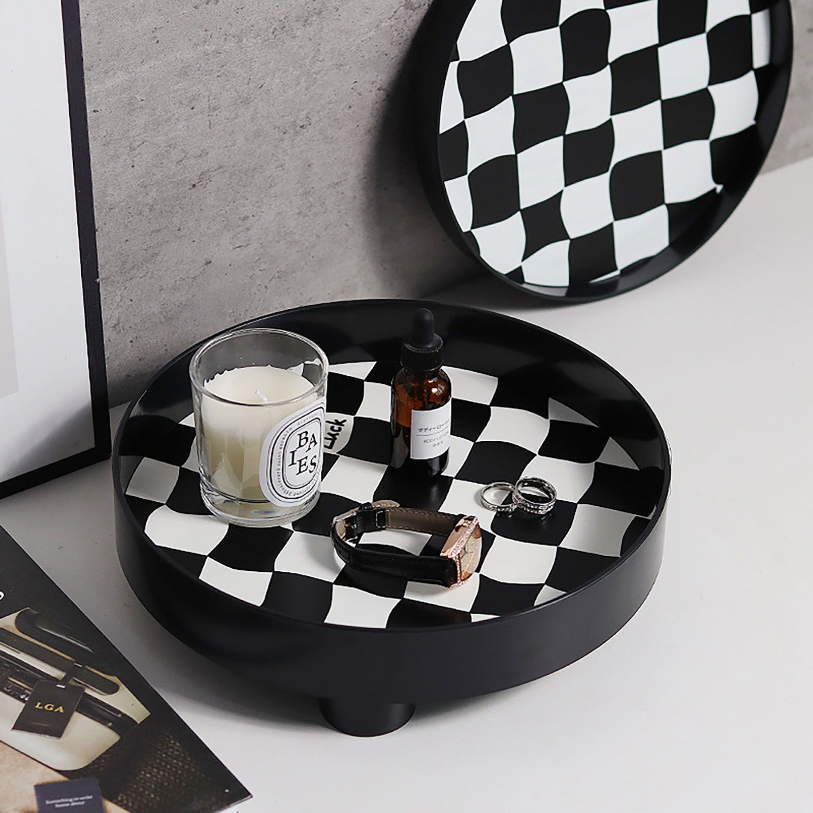 Round Storage Organizer Tray Checkerboard Design Plate Container Tray for view 11