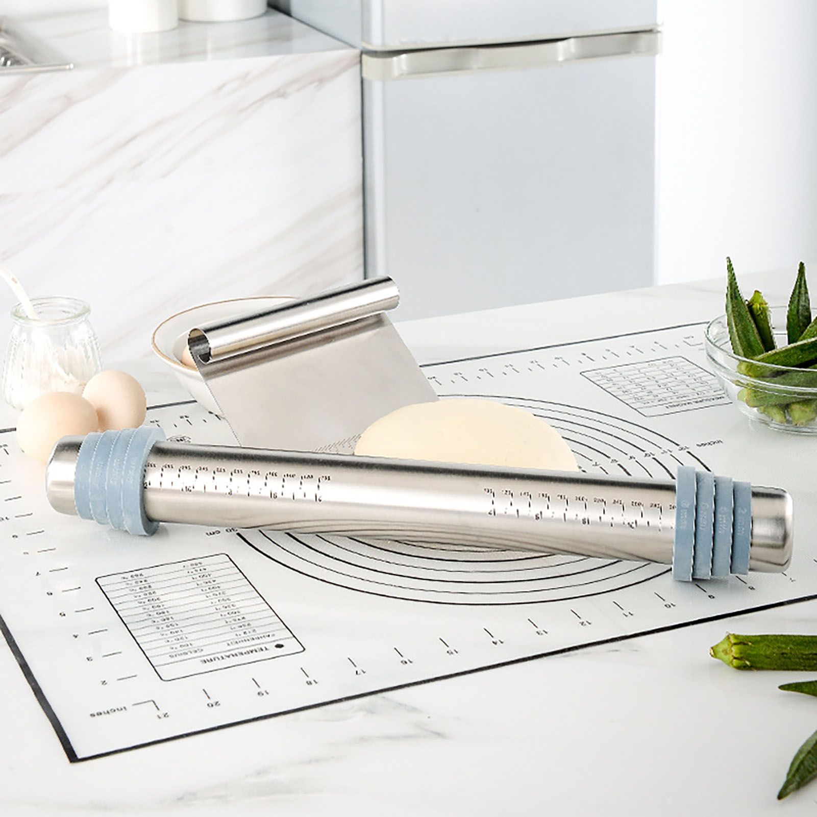 Adjustable Thicknes Flour Rolling Pin with Scale Mat Dough Scraper 430 view 12