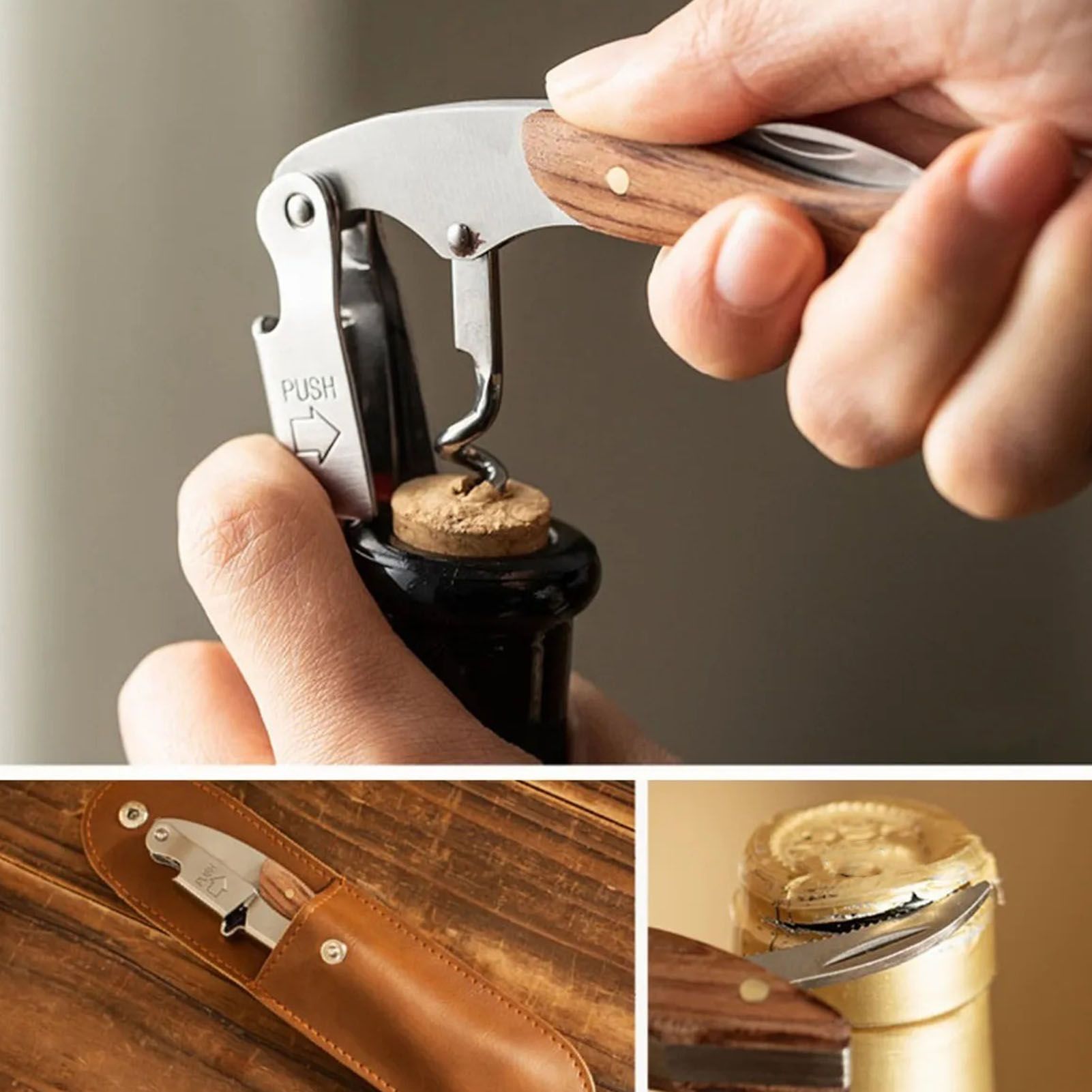 Wine Bottle Opener Corkscrew Stainless Steel Wood Easy Grip Portable Tool for Home view 11