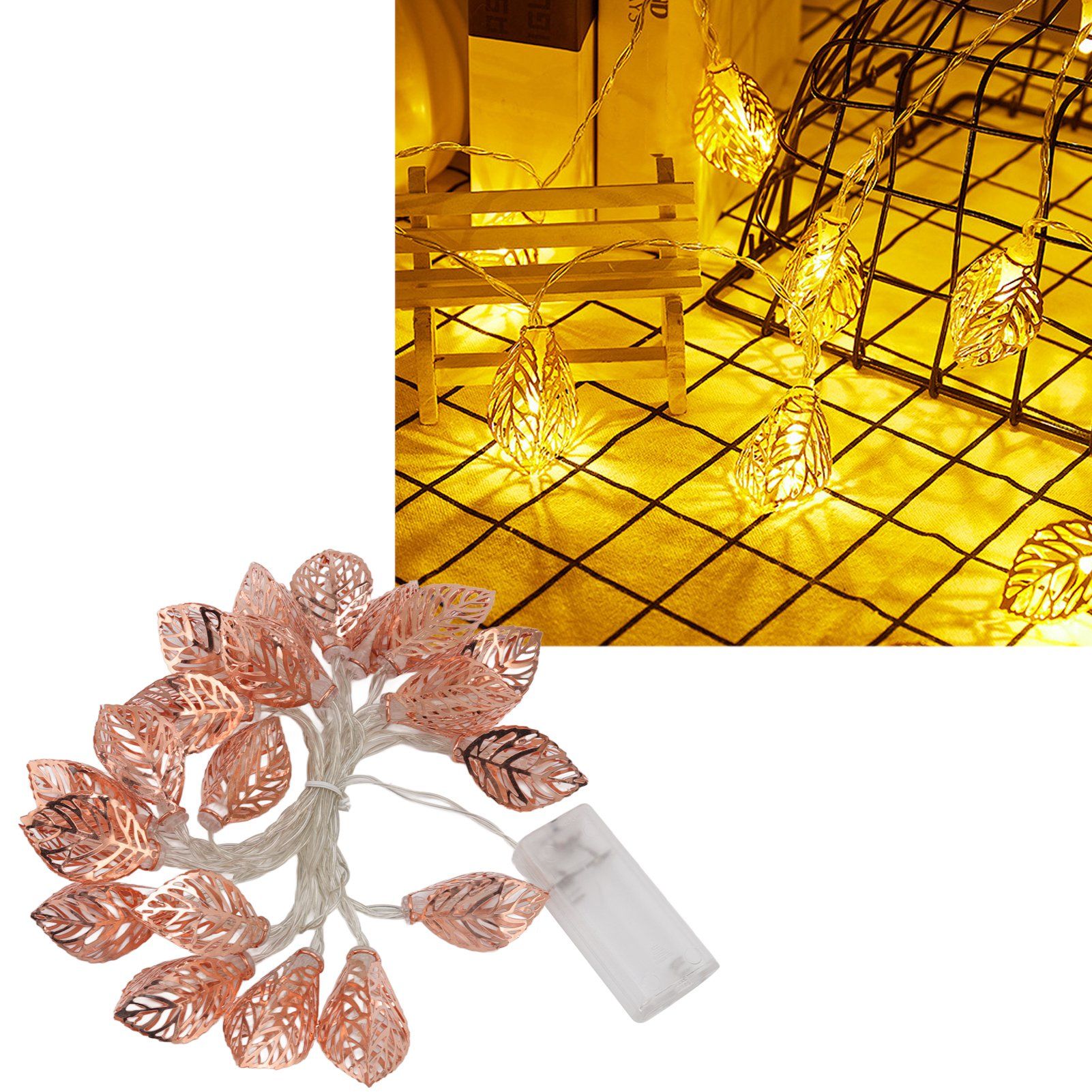 Rose Gold String Lights 20 LEDs Waterproof Battery Powered Hollowed Out Leaf view 11