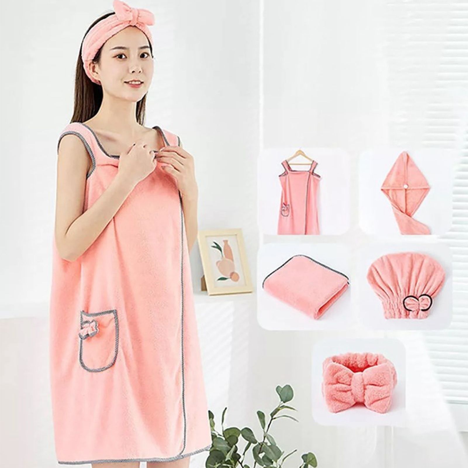 5Pcs Bath Towel Wrap Set Hair Drying Cap Headband Princess Hat Strong Water view 6