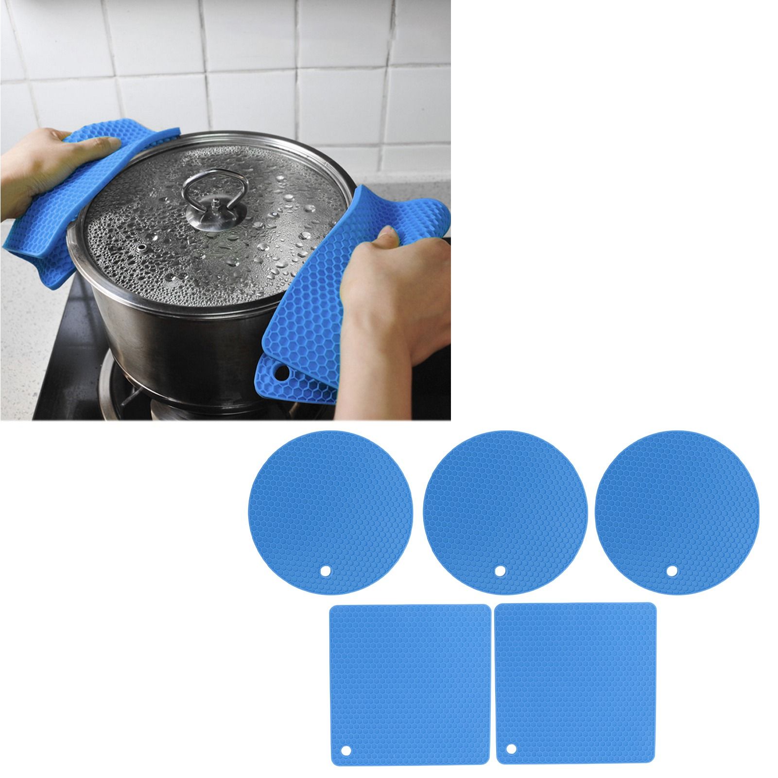 5Pcs Silicone Trivet Mat Square Round Honeycomb Hot Pad Non Slip Heat view 11