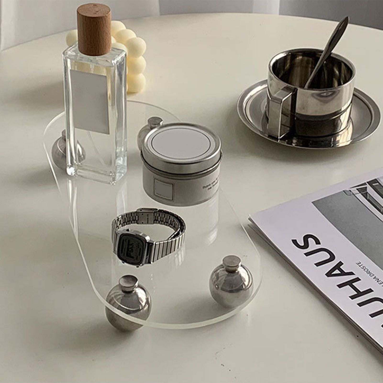 Acrylic Storage Tray Clear Transparent Stainless Steel Round Feet Minimalist view 9