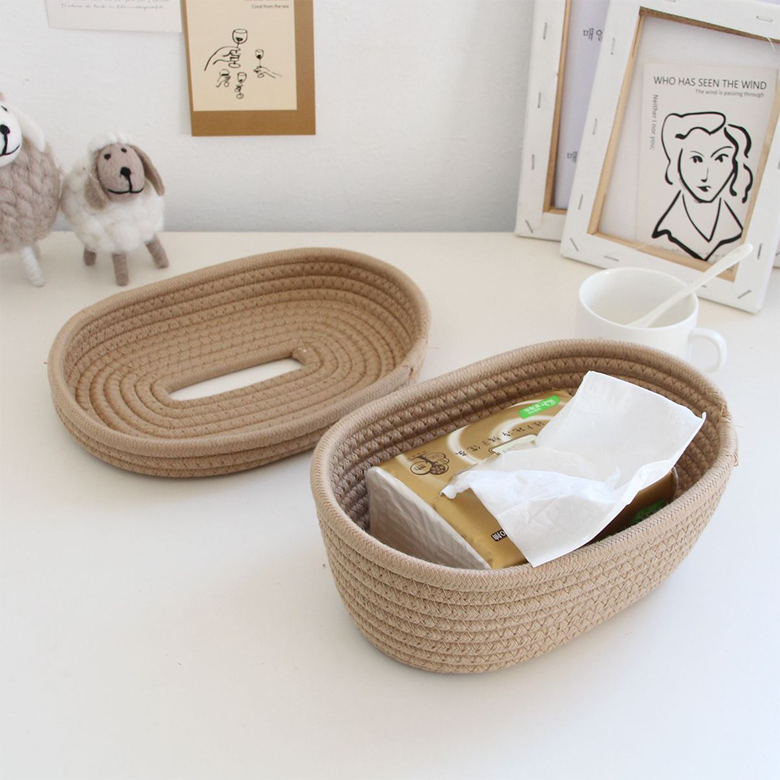 Tissue Box Cover Handmade Cotton Rope Napkin Tissue Holder Decorative view 5