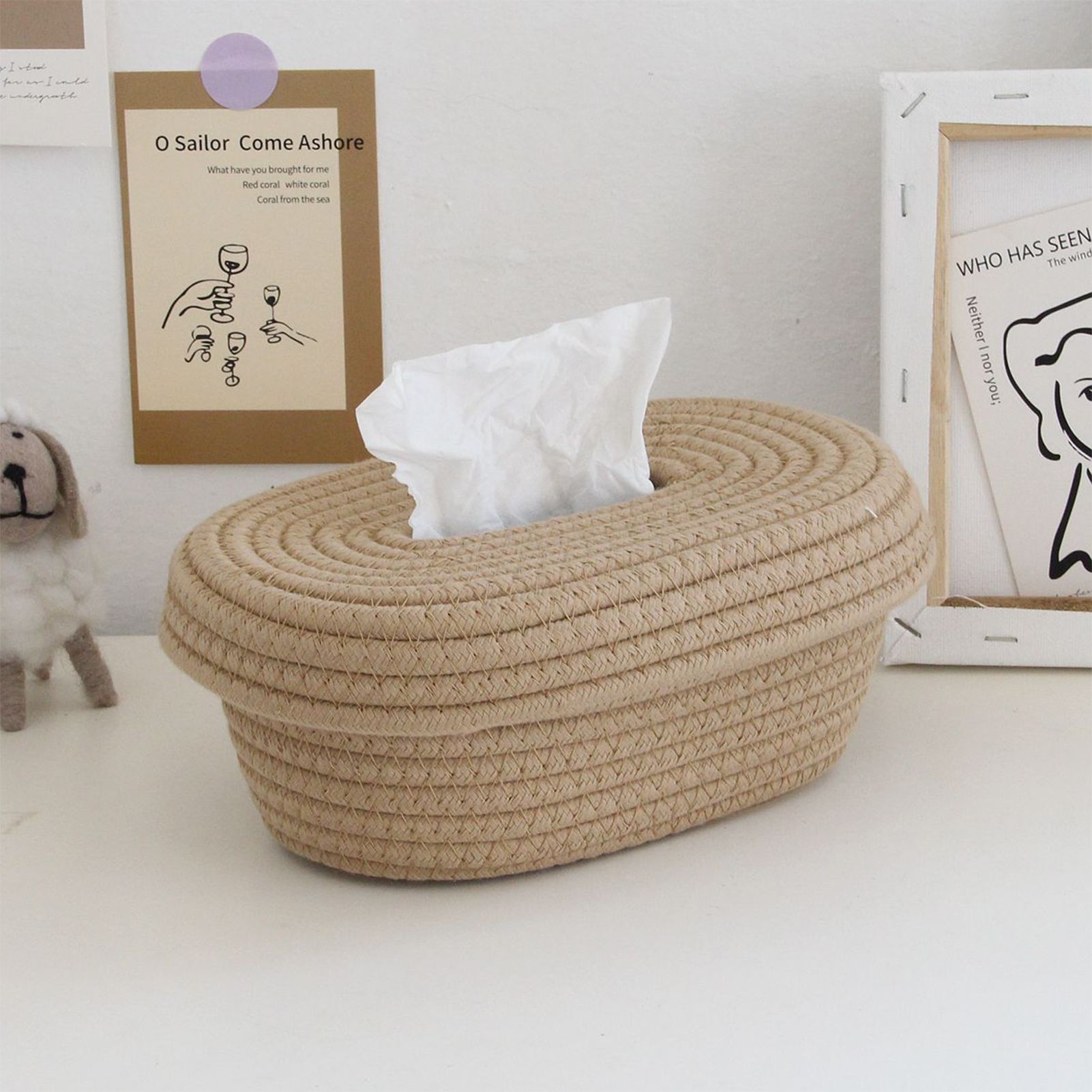 Tissue Box Cover Handmade Cotton Rope Napkin Tissue Holder Decorative view 11