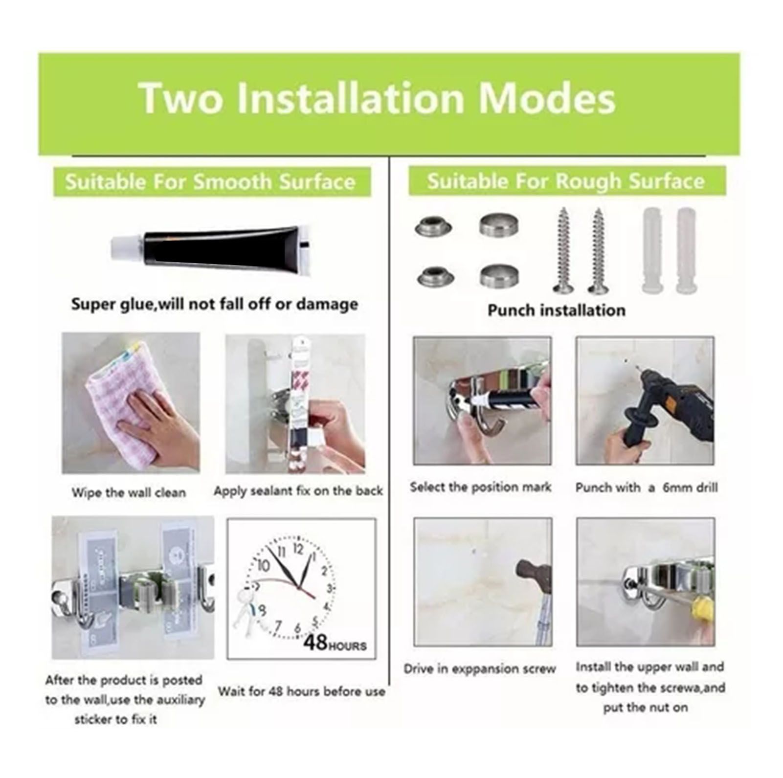 Punch Free Wall Mount Mop Broom Holder 4 Clips 5 Hooks Stainless Steel Mop view 10