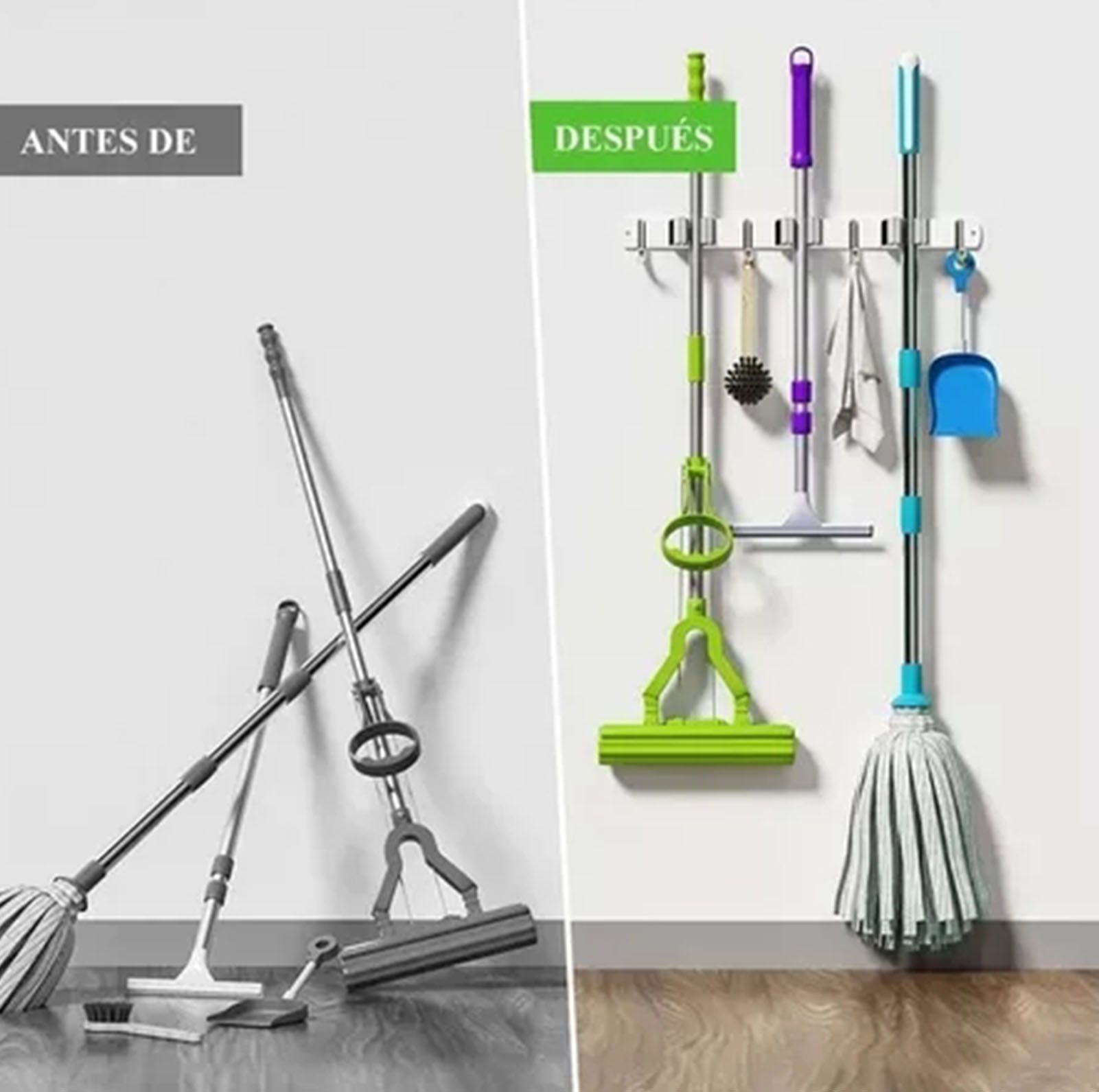 Punch Free Wall Mount Mop Broom Holder 4 Clips 5 Hooks Stainless Steel Mop view 11