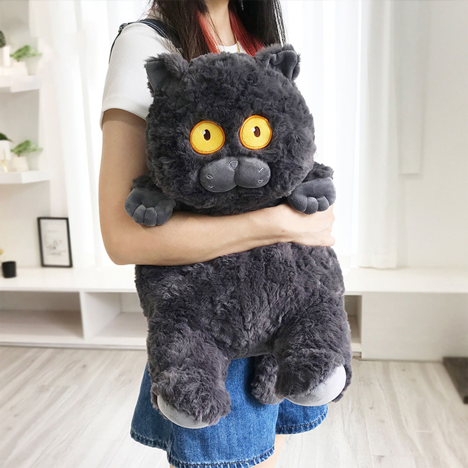Cat Plush Toy Cute Soft Skin Friendly Fluffy Staring Short Plush Cat Hugging view 6