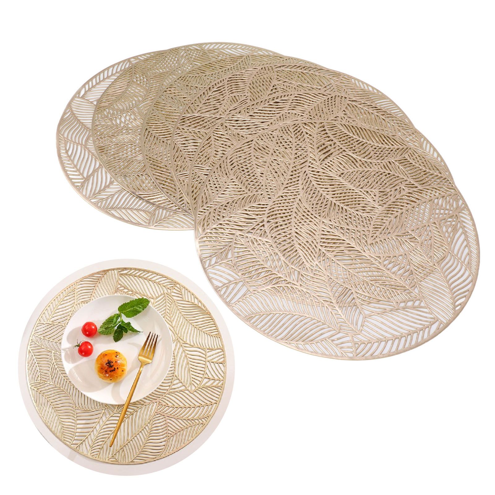 6 Pcs Round Placemat Gold Hollowed Eco Friendly PVC Heat Resistant 38cm Dining view 11