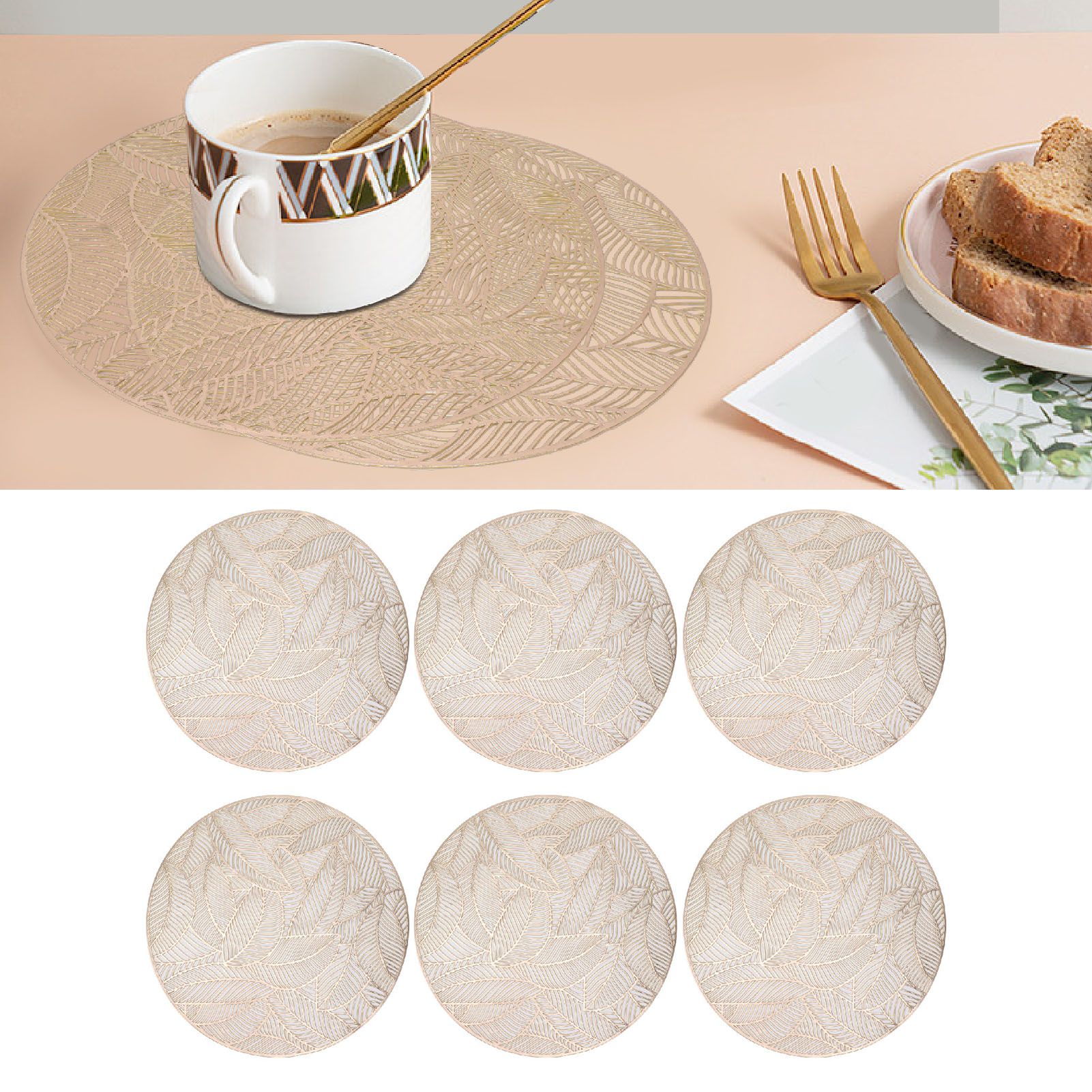 6 Pcs Round Placemat Gold Hollowed Eco Friendly PVC Heat Resistant 38cm Dining view 12