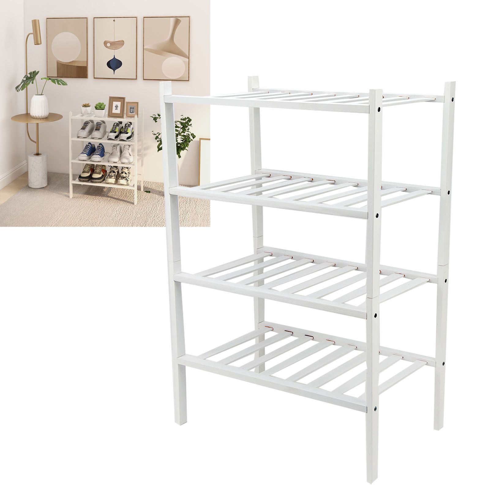 4 Tier Shoe Rack White Stackable Shoes Rack Organizer Multifunctional Bamboo view 11