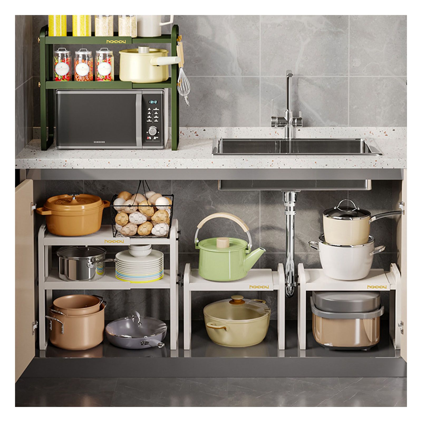 Tabletop Kitchen Storage Rack White Plastic Double Layers Telescopic Kitchen view 3