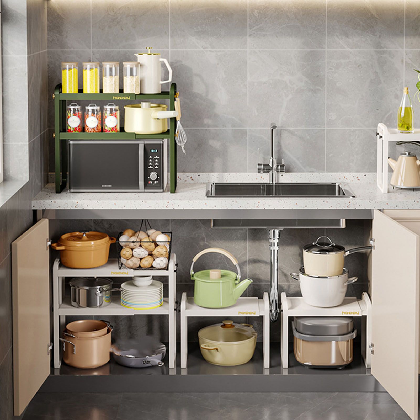 Tabletop Kitchen Storage Rack White Plastic Double Layers Telescopic Kitchen view 5