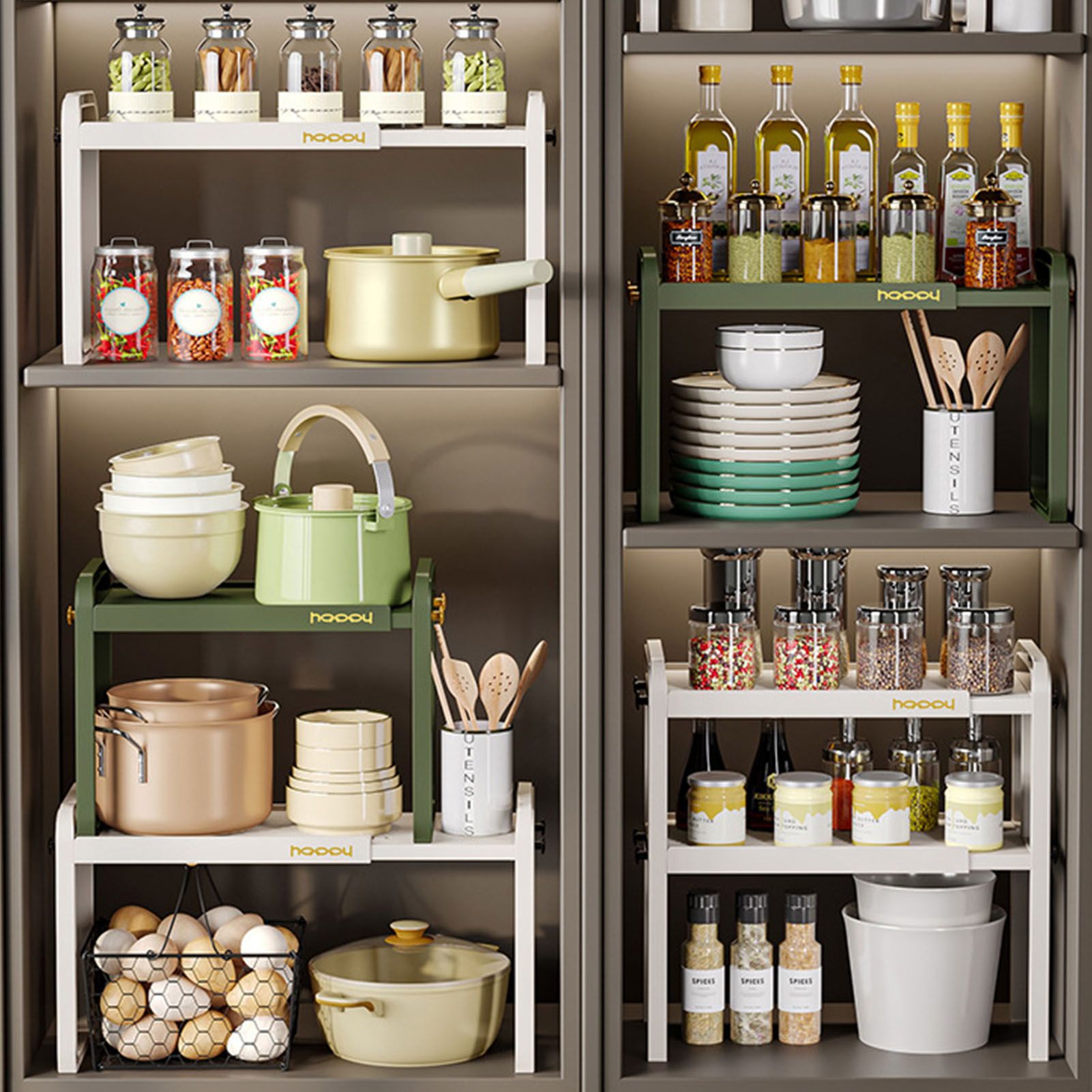Tabletop Kitchen Storage Rack White Plastic Double Layers Telescopic Kitchen view 6