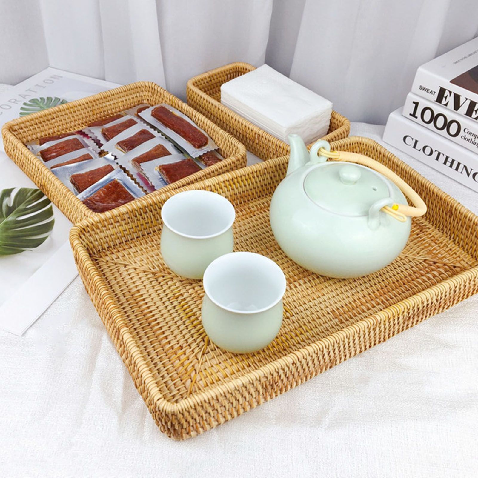 Rattan Tray Tabletop Organization Hand Woven Snack Storage Basket view 12