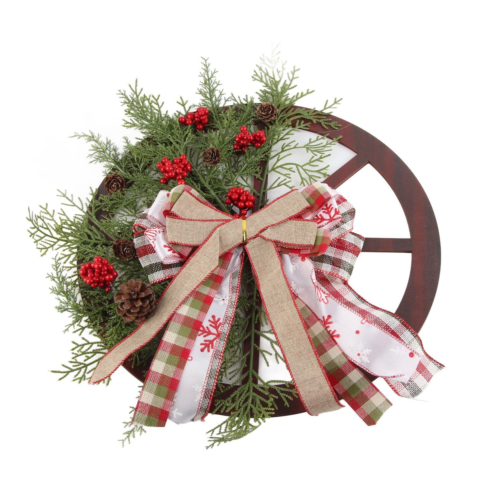 Red Truck Wheel Christmas Bowknot Wreath Fall Wreath for Front Door Wooden view 2