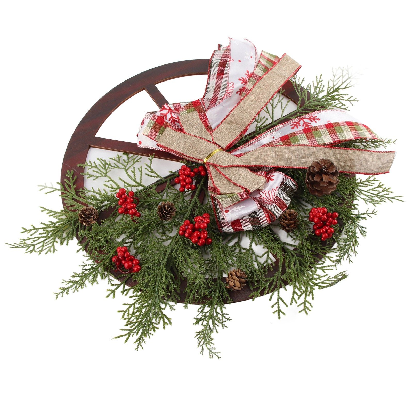 Red Truck Wheel Christmas Bowknot Wreath Fall Wreath for Front Door Wooden view 4