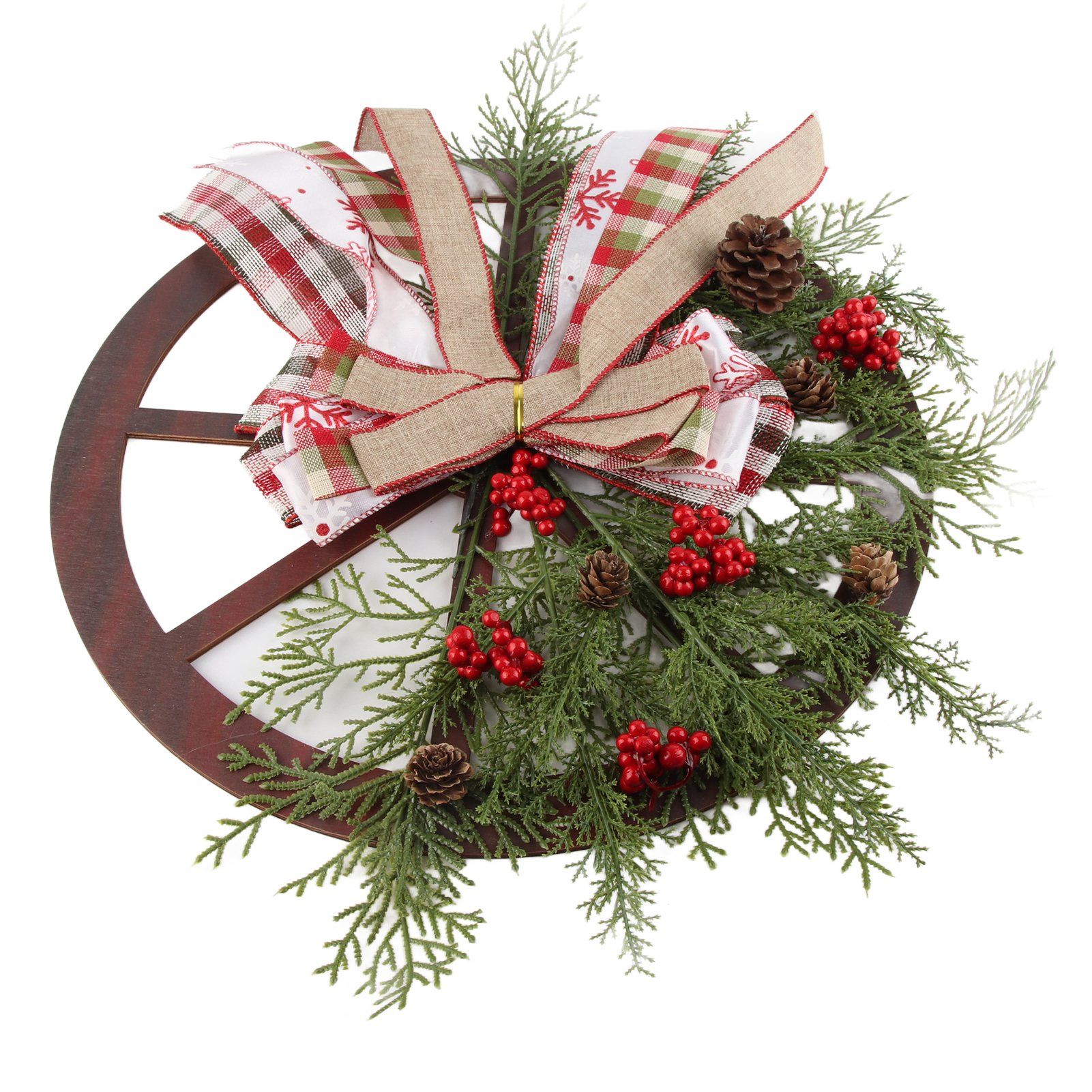 Red Truck Wheel Christmas Bowknot Wreath Fall Wreath for Front Door Wooden view 5